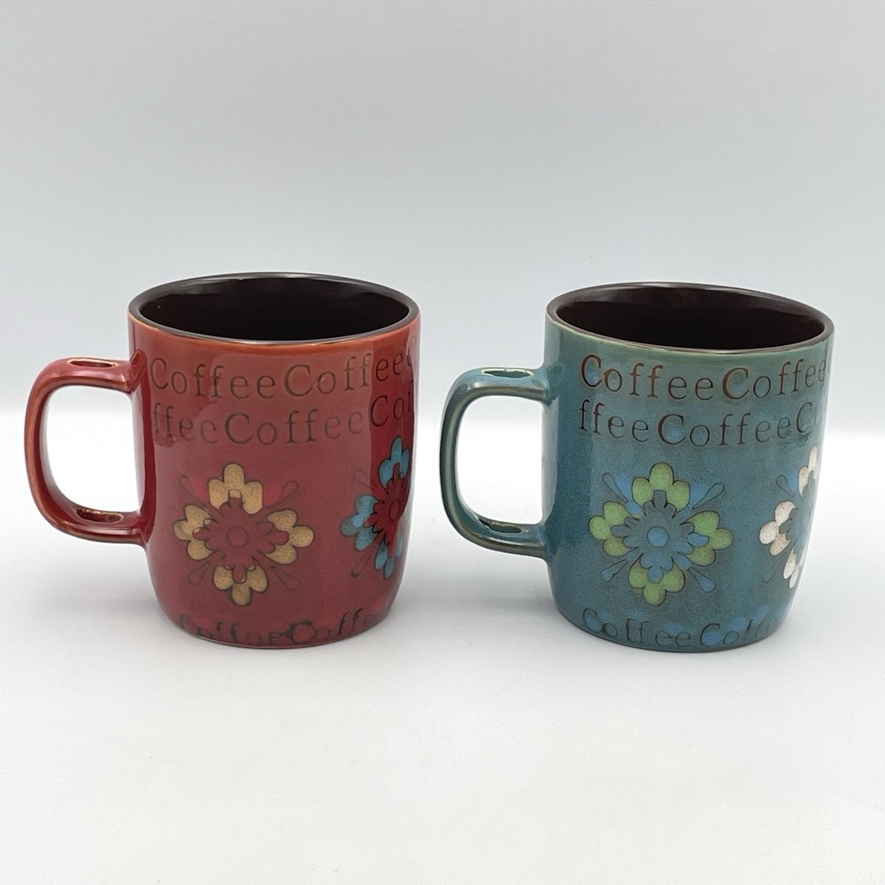 Set‎ of 2 Mr. Coffee Floral Coffee Mugs Red Blue Ceramic Cups 4"